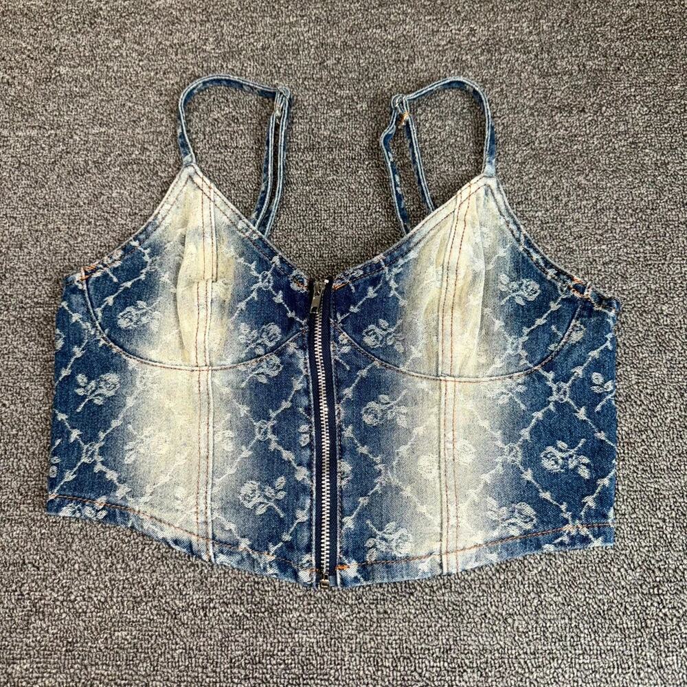 Cider Denim Crop‎ Top Womens Medium Blue Floral Adjustable Straps Front Zipper